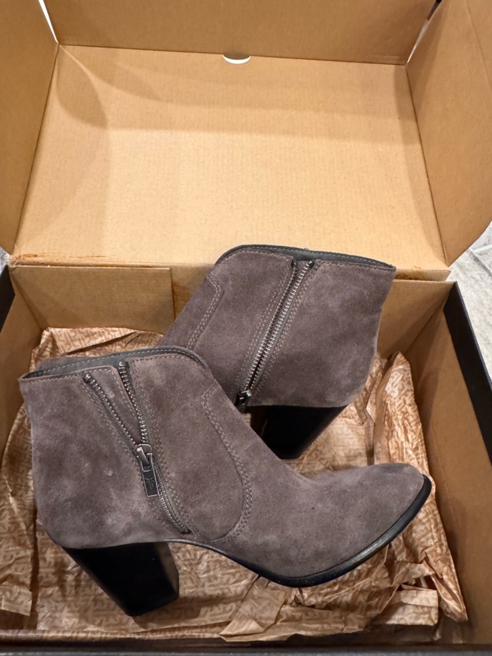 Frye Gray Suede Ankle Booties with Side Zipper